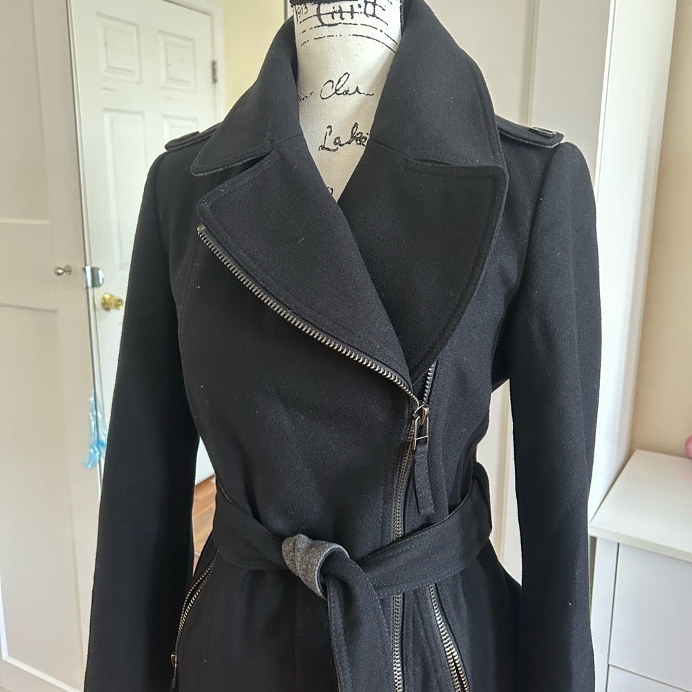 Black Trench Coat with Asymmetrical Design and Belted Waist